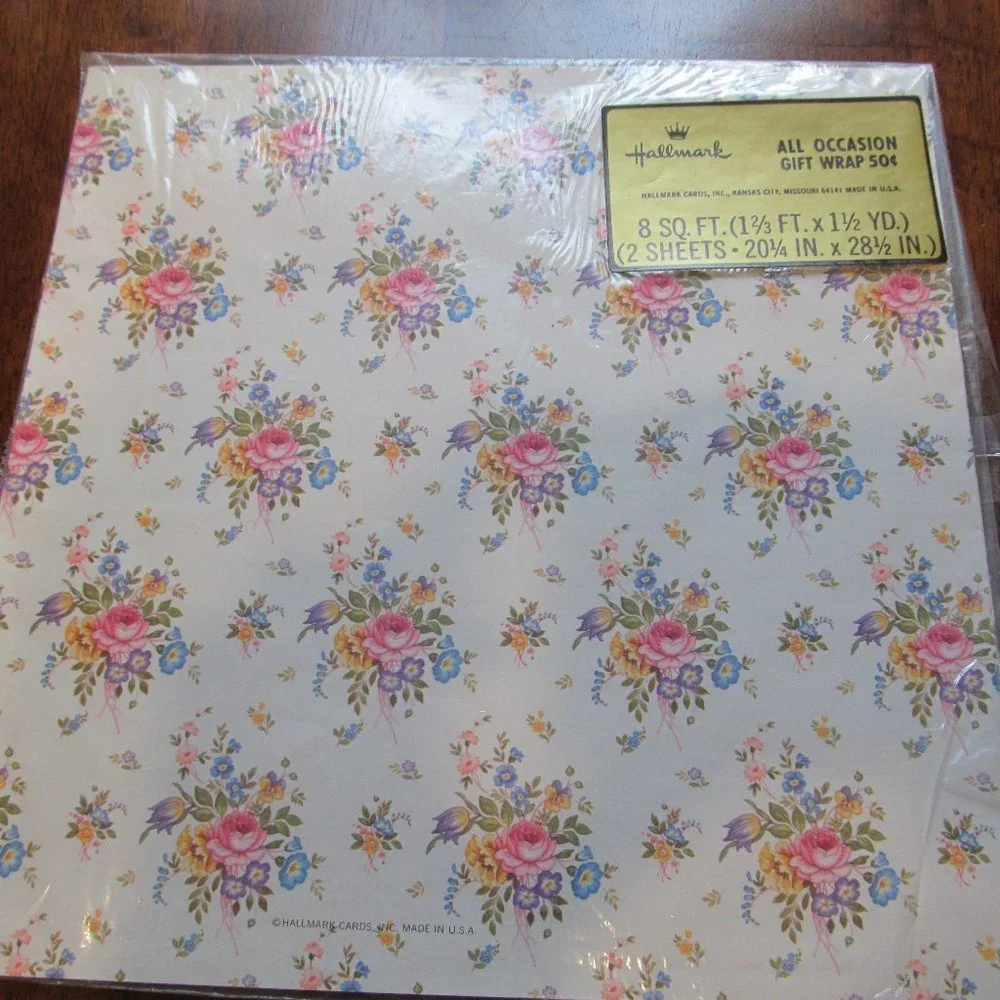 Vintage Hallmark All Occasion Gift Wrap Floral Open Package Partial Sheet Pretty